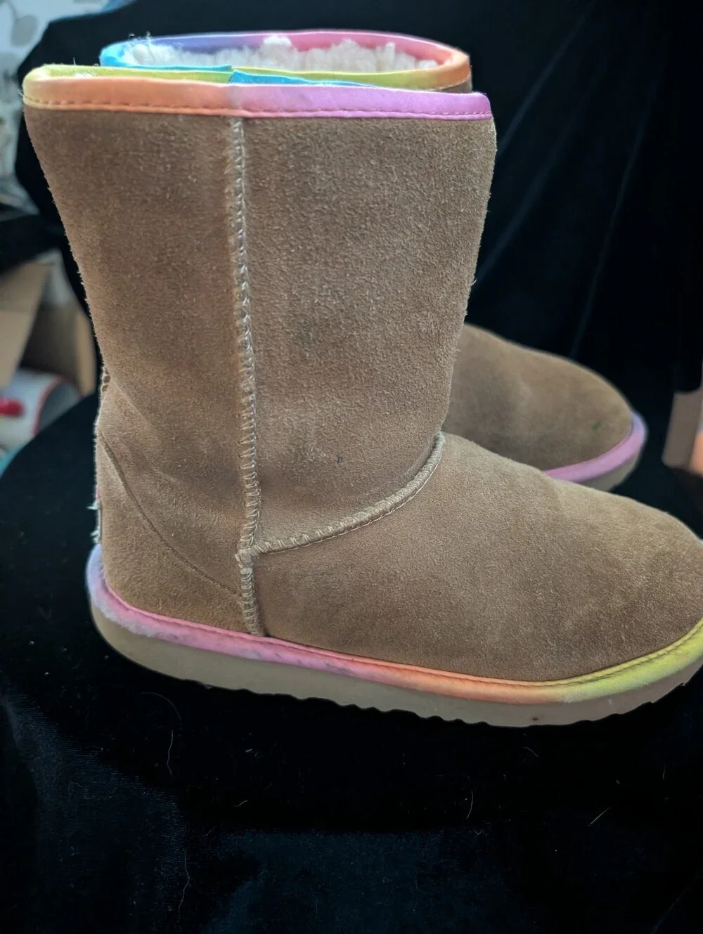 UGG Kids Brown Suede Boots with Rainbow Trim